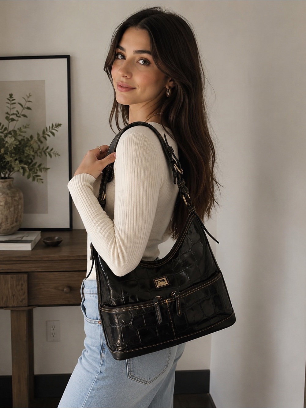 Vintage Dooney & Bourke Black Croc Embossed Leather Hobo Shoulder Bag